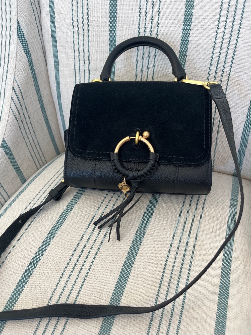 See By Chloe Black Leather & Suede Top-Handle Satchel with Gold Ring